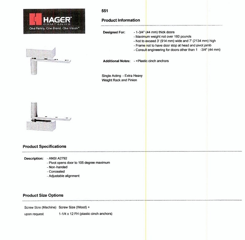 Hager Pivot Hinge 551 US26D Satin ChromeExtra Heavy Weight Rack and